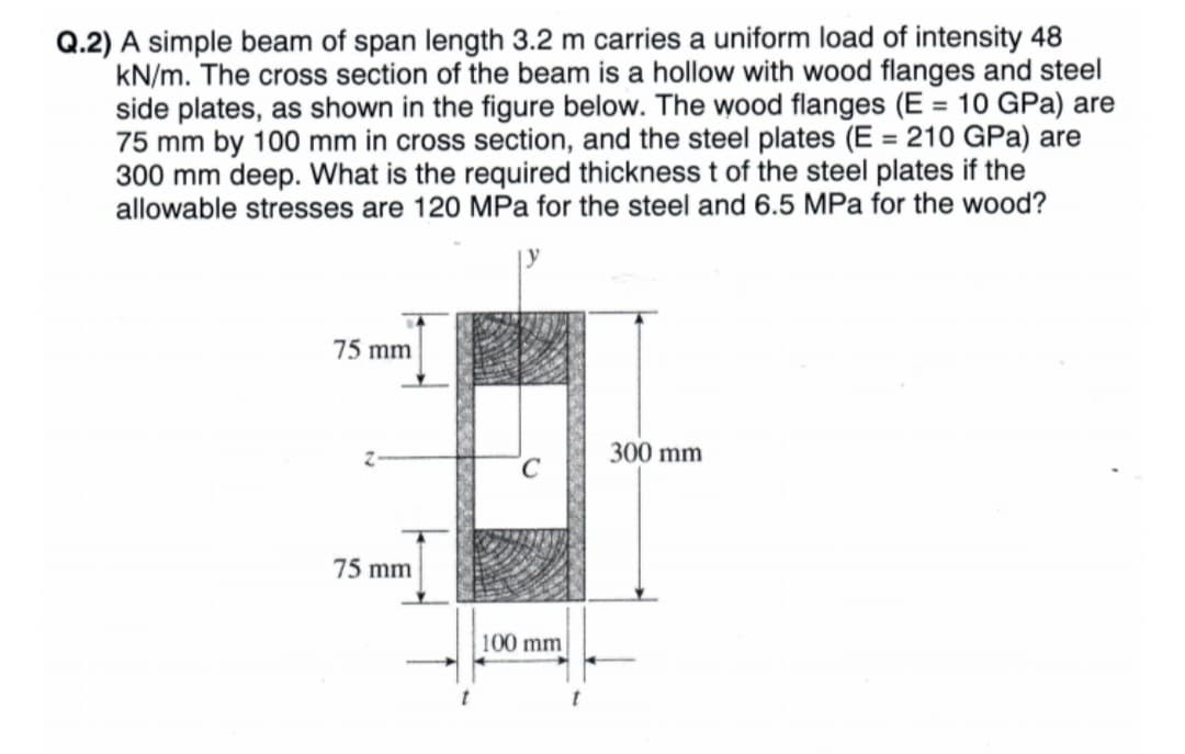 Q.2) A simple beam of span length 3.2 m carries a uniform load of intensity 48
kN/m. The cross section of the beam is a hollow with wood flanges and steel
side plates, as shown in the figure below. The wood flanges (E = 10 GPa) are
75 mm by 100 mm in cross section, and the steel plates (E = 210 GPa) are
300 mm deep. What is the required thickness t of the steel plates if the
allowable stresses are 120 MPa for the steel and 6.5 MPa for the wood?
75 mm
75 mm
C
100 mm
300 mm