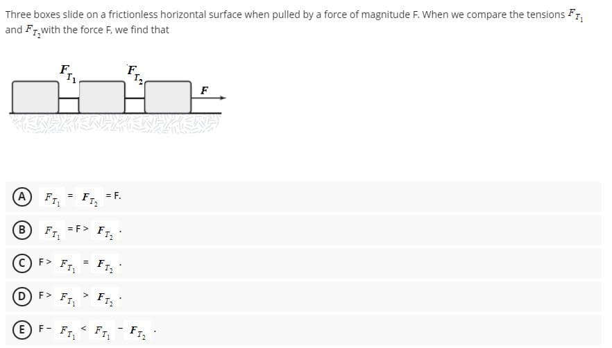 Three boxes slide on a frictionless horizontal surface when pulled by a force of magnitude F. When we compare the tensions FT,
and Fr.with the force F, we find that
F,
F
= F.
A FT,
B FT
= F> F1,
F> FT,
D F> FT,
E
F-
