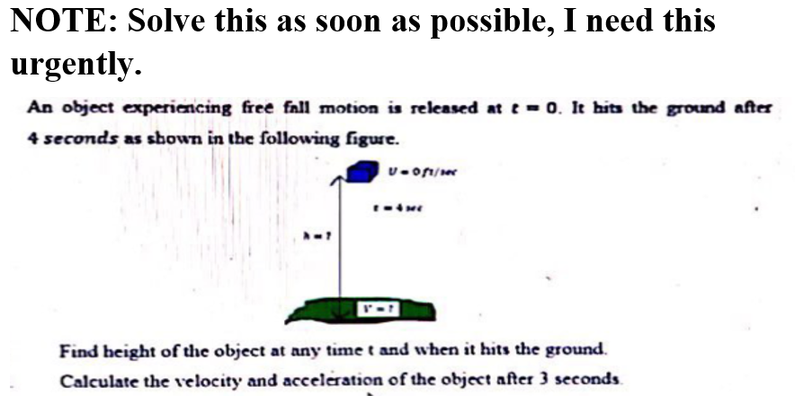 NOTE: Solve this as soon as possible, I need this
urgently.
An object experiencing free fall motion is released at e = 0. It hits the ground after
4 seconds as shown in the following figure.
Find height of the object at any time t and when it hits the ground.
Calculate the velocity and acceleration of the object after 3 seconds.
