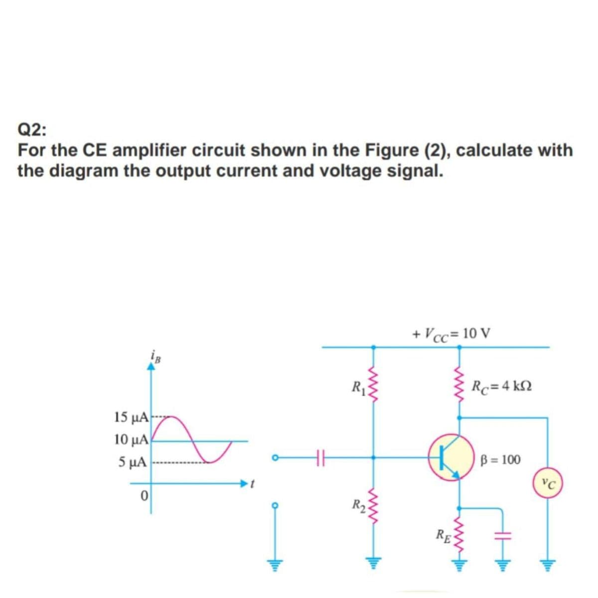 For the CE amplifier circuit shown in the Figure (2), calculate with
the diagram the output current and voltage signal.
Q2:
+ Vcc= 10 V
R1
Rc=4 kN
15 μΑ
10 μΑ
5 μΑ
B = 100
RE
ww
