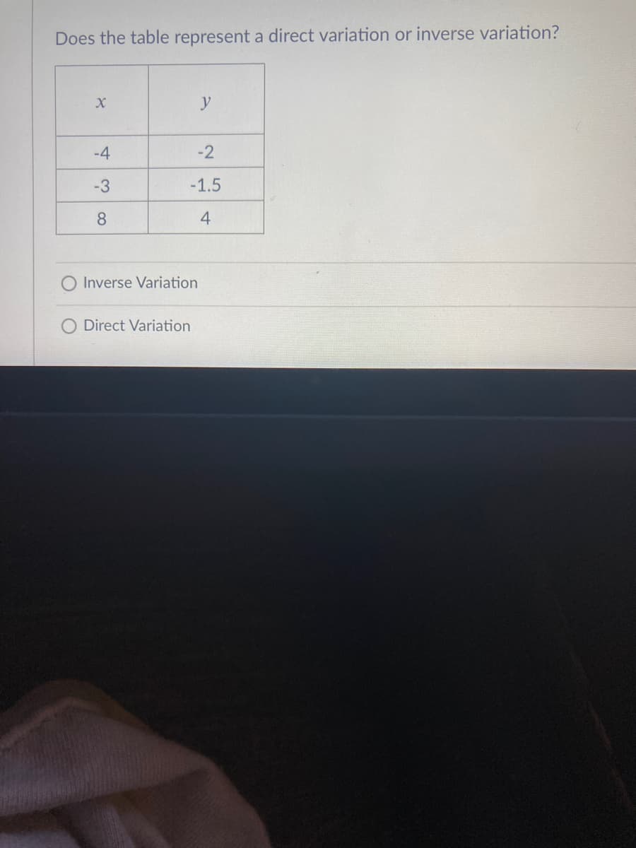 Does the table represent a direct variation or inverse variation?
y
-4
-3
-1.5
8
Inverse Variation
Direct Variation
2.
