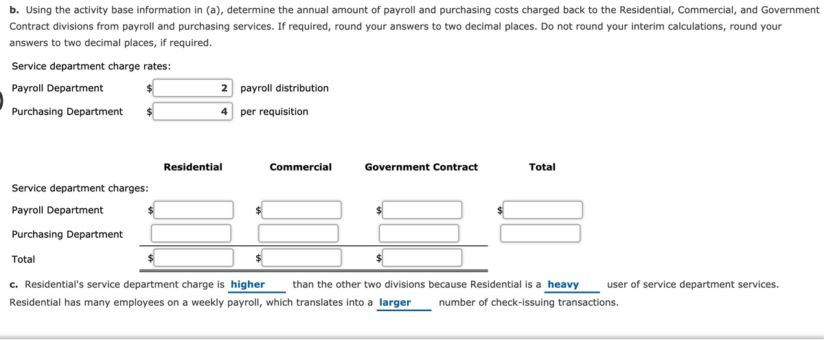 b. Using the activity base information in (a), determine the annual amount of payroll and purchasing costs charged back to the Residential, Commercial, and Government
Contract divisions from payroll and purchasing services. If required, round your answers to two decimal places. Do not round your interim calculations, round your
answers to two decimal places, if required.
Service department charge rates:
Payroll Department
$
payroll distribution
Purchasing Department
$
4
per requisition
Residential
Commercial
Government Contract
Total
Service department charges:
Payroll Department
Purchasing Department
Total
$
c. Residential's service department charge is higher
than the other two divisions because Residential is a heavy
user of service department services.
Residential has many employees on a weekly payrolI, which translates into a larger
number of check-issuing transactions.
