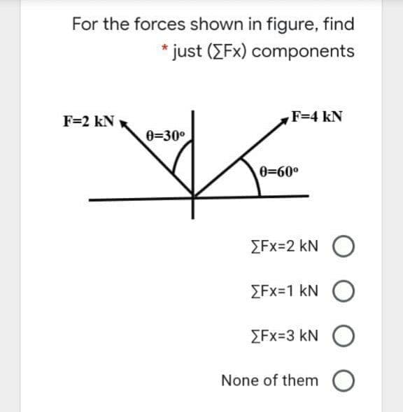 For the forces shown in figure, find
* just (EFx) components
F=2 kN
F=4 kN
0=30°
0=60°
EFx=2 kN O
EFx=1 kN O
EFx=3 kN O
None of them O
