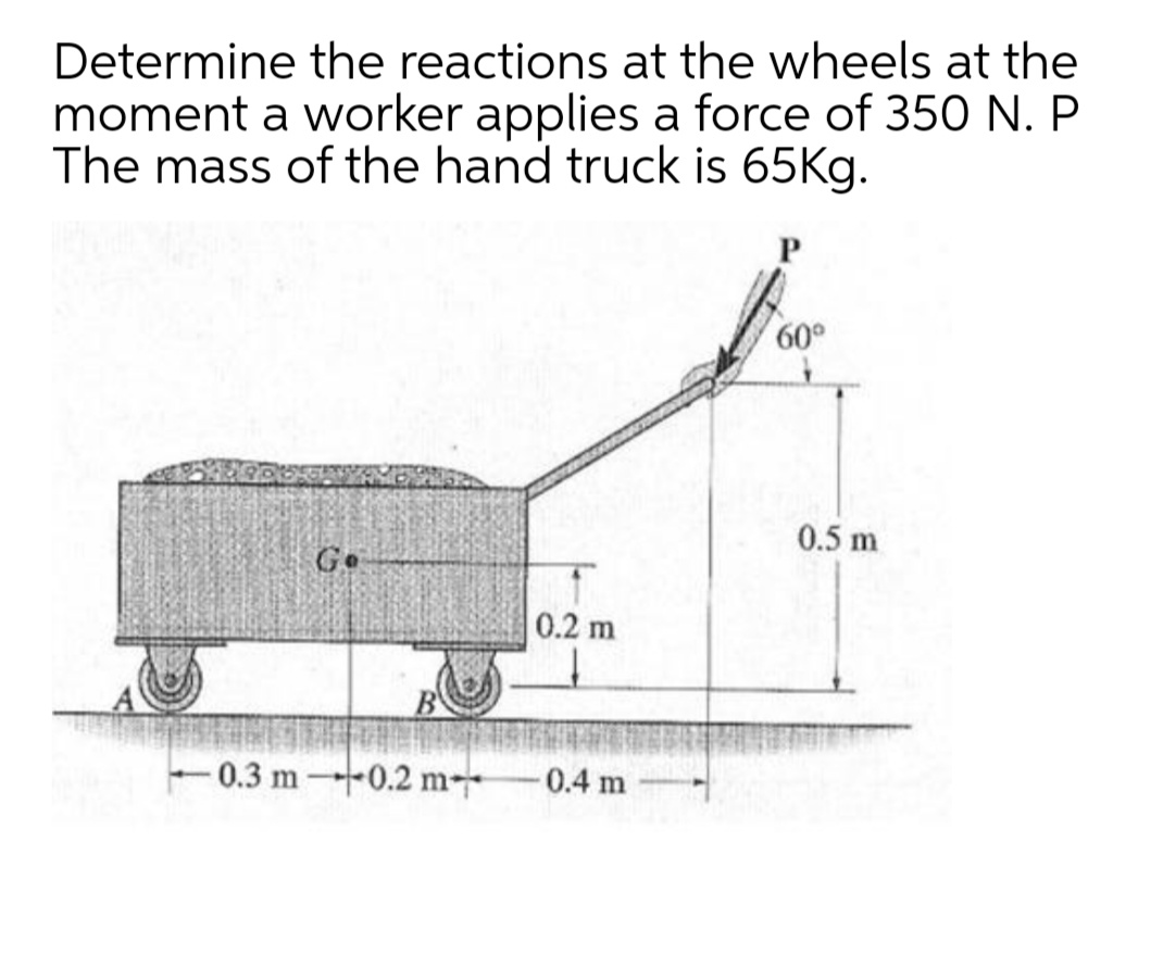 Determine the reactions at the wheels at the
moment a worker applies a force of 350 N. P
The mass of the hand truck is 65Kg.
60°
0.5 m
Go
0.2 m
-0.3 m 0.2 m-
0.4 m
