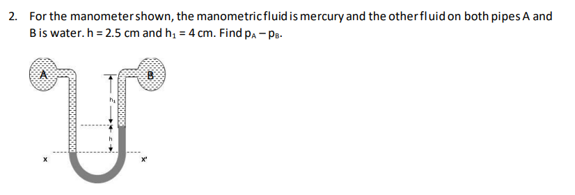 2. For the manometer shown, the manometric fluid is mercury and the other fluid on both pipes A and
B is water. h = 2.5 cm and h₁ = 4 cm. Find PA - PB.
B
U