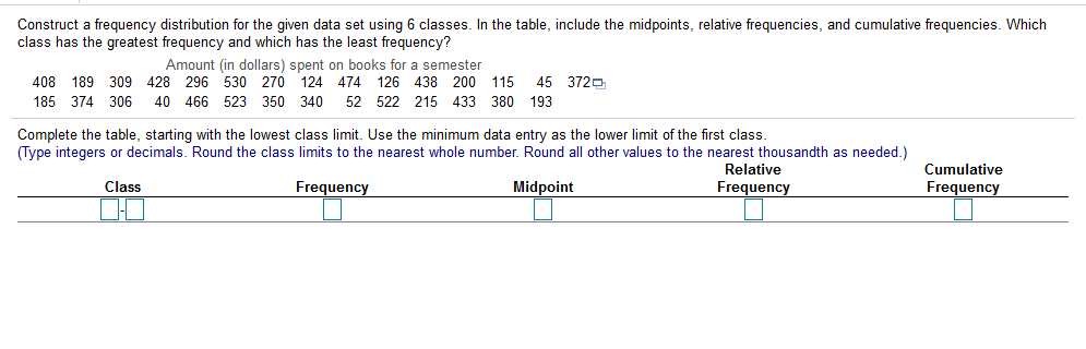 Construct a frequency distribution for the given data set using 6 classes. In the table, include the midpoints, relative frequencies, and cumulative frequencies. Which
class has the greatest frequency and which has the least frequency?
Amount (in dollars) spent on books for a semester
408 189 309 428 296 530 270 124 474 126 438 200 115
45 3720
185 374 306
40 466 523 350 340
52 522 215 433 380 193
Complete the table, starting with the lowest class limit. Use the minimum data entry as the lower limit of the first class.
(Type integers or decimals. Round the class limits to the nearest whole number. Round all other values to the nearest thousandth as needed.)
Relative
Cumulative
Class
Frequency
Midpoint
Frequency
Frequency

