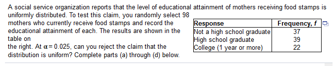 A social service organization reports that the level of educational attainment of mothers receiving food stamps is
uniformly distributed. To test this claim, you randomly select 98
mothers who currently receive food stamps and record the
educational attainment of each. The results are shown in the
Frequency, f
Response
Not a high school graduate
High school graduate
College (1 year or more)
37
table on
39
the right. At a= 0.025, can you reject the claim that the
distribution is uniform? Complete parts (a) through (d) below.
22
