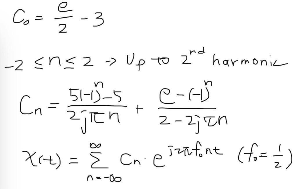 C₁ = = /2 - 3
-2 ≤n≤2 -> Up to 2nd harmonic
C-HS
Cn=
z-zjen
iztufont (fo== == )
X(t) = 2 Cnie
n=-06
51-1)-5
zjičn
+