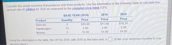 Consider the simple economy that produces only three products. Use the information in the following table to calculate the
(annual rate of) inflation for 2020 as measured by the consumer price index (CPI).
BASE YEAR (2010)
2019
2020
Product
Quantity
Price
Price
Price
Haircuts
2
$10.00
$11.00
$16.20
Hamburgers
11
2.00
2.45
2.40
Movies
5
15.00
15.00
14.00
Using the information in the table, the CPI for 2019, with 2010 as the base year, is (Enter your response rounded to one
decimal place)
