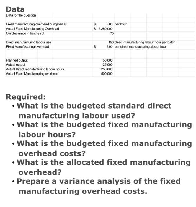 Data
Data for the question
$
8.00 per hour
Fixed manufacturing overhead budgeted at
Actual Fixed Manufacturing Overhead
Candles made in batches of
$ 2,250,000
75
Direct manufacturing labour use
Fixed Manufacturing overhead
150 direct manufacturing labour hour per batch
2.00 per direct manufacturing albour hour
$
Planned output
150,000
Actual output
125,000
250,000
Actual Direct manufacturing labour hours
Actual Fixed Manufacturing overhead
500,000
Required:
• What is the budgeted standard direct
manufacturing labour used?
• What is the budgeted fixed manufacturing
labour hours?
• What is the budgeted fixed manufacturing
overhead costs?
• What is the allocated fixed manufacturing
overhead?
• Prepare a variance analysis of the fixed
manufacturing overhead costs.
SS