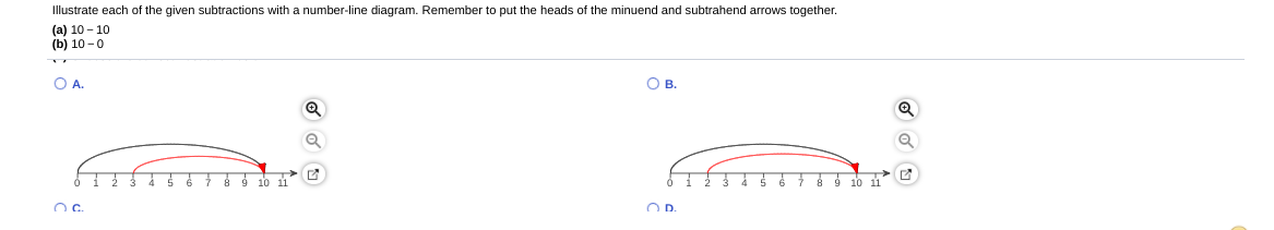 Illustrate each of the given subtractions with a number-line diagram. Remember to put the heads of the minuend and subtrahend arrows together.
(а) 10- 10
(b) 10 -0
OA.
Ов.
9 10 1
9 10 11
Oc.
O D.
