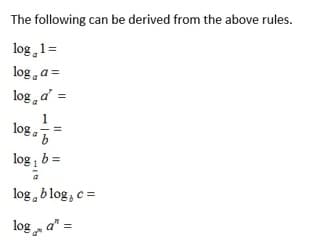 The following can be derived from the above rules.
log,1 =
log, a =
log, d' =
loga
log 1
b=
log, blog, c =
log d" =