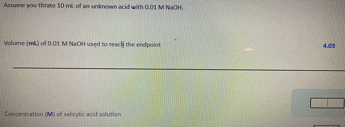 Assume you titrate 10 mL of an unknown acid with 0.01 M NaOH.
Volume (mL) of 0.01 M NaOH usęd to reach the endpoint
4.03
Concentration (M) of salicylic acid solution

