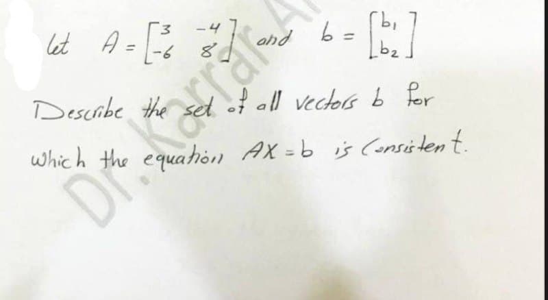 let A =
%3D
Describe the sed of all vectos b for
D
which the equathön AX =b is Consitent.
