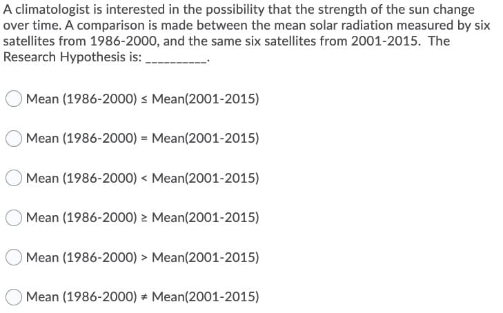 A climatologist is interested in the possibility that the strength of the sun change
over time. A comparison is made between the mean solar radiation measured by six
satellites from 1986-2000, and the same six satellites from 2001-2015. The
Research Hypothesis is:
Mean (1986-2000) s Mean(2001-2015)
Mean (1986-2000) = Mean(2001-2015)
Mean (1986-2000) < Mean(2001-2015)
Mean (1986-2000) > Mean(2001-2015)
Mean (1986-2000) > Mean(2001-2015)
Mean (1986-2000) # Mean(2001-2015)
