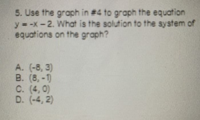 5. Use the graph in #4 to graph the equation
y -x-2. What is the solution to the system of
equations on the graph?
A. (-8, 3)
B. (8,-1)
C. (4, 0)
D. (-4, 2)
