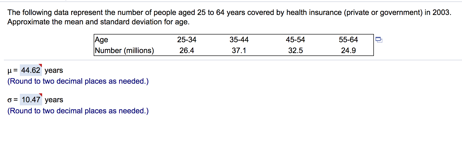 The following data represent the number of people aged 25 to 64 years covered by health insurance (private or government) in 2003
Approximate the mean and standard deviation for age.
Age
Number (millions)
25-34
35-44
45-54
55-64
24.9
26.4
37.1
32.5
= r1
44.62 years
(Round to two decimal places as needed.)
=10.47 years
(Round to two decimal places as needed.)
