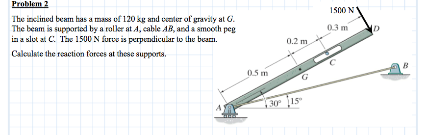 Problem 2
The inclined beam has a mass of 120 kg and center of gravity at G.
The beam is supported by a roller at A, cable AB, and a smooth peg
in a slot at C. The 1500 N force is perpendicular to the beam.
Calculate the reaction forces at these supports.
A
OOD
0.5 m
0.2 m
16
30° 15°
1500 N
0.3 m
с
D
B