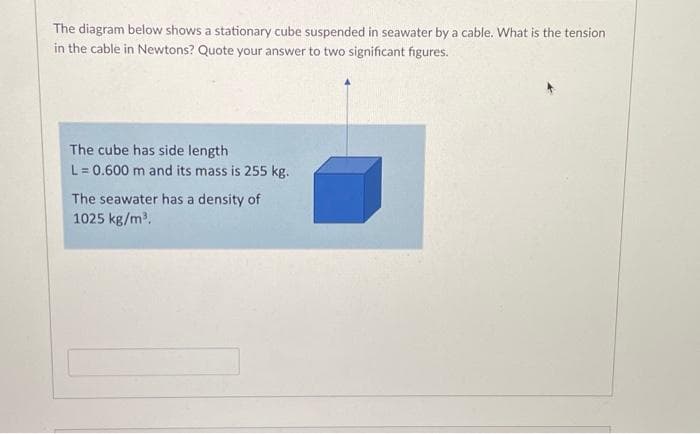 The diagram below shows a stationary cube suspended in seawater by a cable. What is the tension
in the cable in Newtons? Quote your answer to two significant figures.
The cube has side length
L = 0.600 m and its mass is 255 kg.
The seawater has a density of
1025 kg/m³.