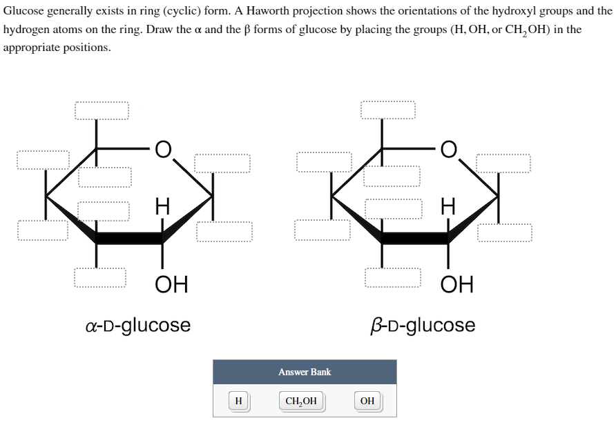 Glucose generally exists in ring (cyclic) form. A Haworth projection shows the orientations of the hydroxyl groups and the
hydrogen atoms on the ring. Draw the x and the ß forms of glucose by placing the groups (H, OH, or CH₂OH) in the
appropriate positions.
H
I.
OH
a-D-glucose
C
H
Answer Bank
CH₂OH
10
-0.
OH
H
-I
OH
G
B-D-glucose