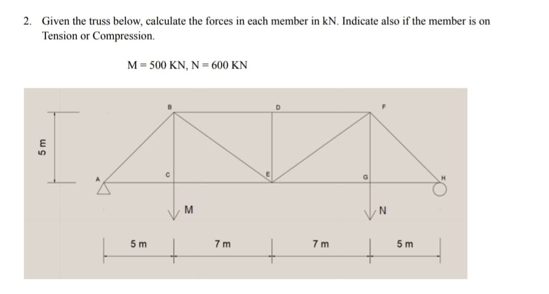2. Given the truss below, calculate the forces in each member in kN. Indicate also if the member is on
Tension or Compression.
M = 500 KN, N = 600 KN
D
M
5 m
7 m
7 m
5 m
5 m
