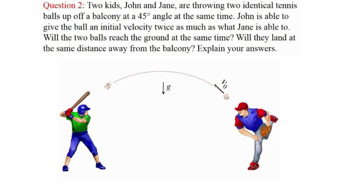 Question 2: Two kids, John and Jane, are throwing two identical tennis
balls up off a balcony at a 45° angle at the same time. John is able to
give the ball an initial velocity twice as much as what Jane is able to.
Will the two balls reach the ground at the same time? Will they land at
the same distance away from the balcony? Explain your answers.
18
