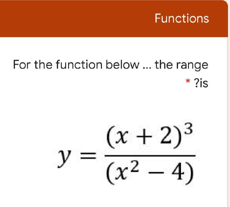 Functions
For the function below ... the range
* ?is
(x + 2)³
y =
(x² – 4)
