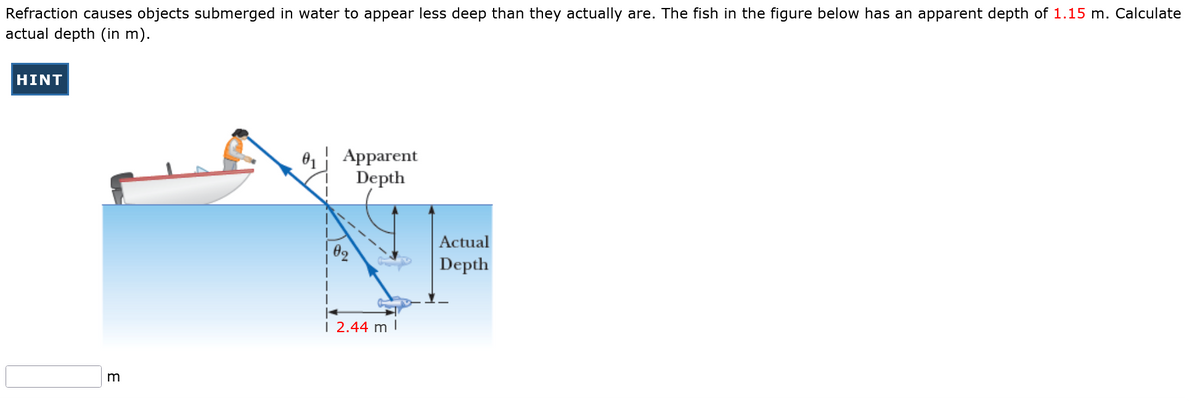 Refraction causes objects submerged in water to appear less deep than they actually are. The fish in the figure below has an apparent depth of 1.15 m. Calculate
actual depth (in m).
HINT
m
Apparent
Depth
I 2.44 m I
Actual
Depth