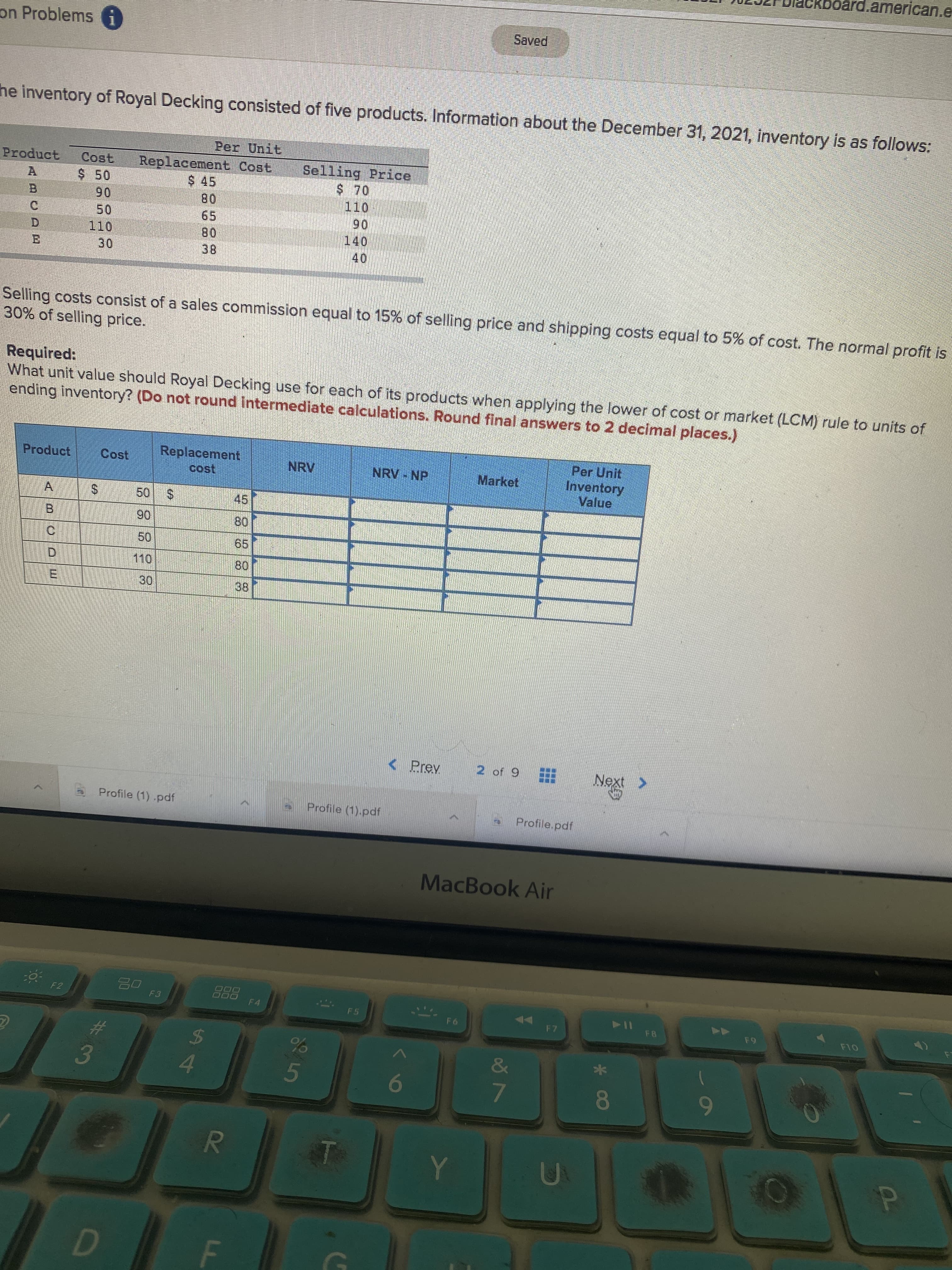 The normal profit
Required:
What unit value should Royal Decking use for each of its products when applying the lower of cost or market (LCM) rule to units of
ending inventory? (Do not round Intermediate calculations. Round final answers to 2 decimal places.)
