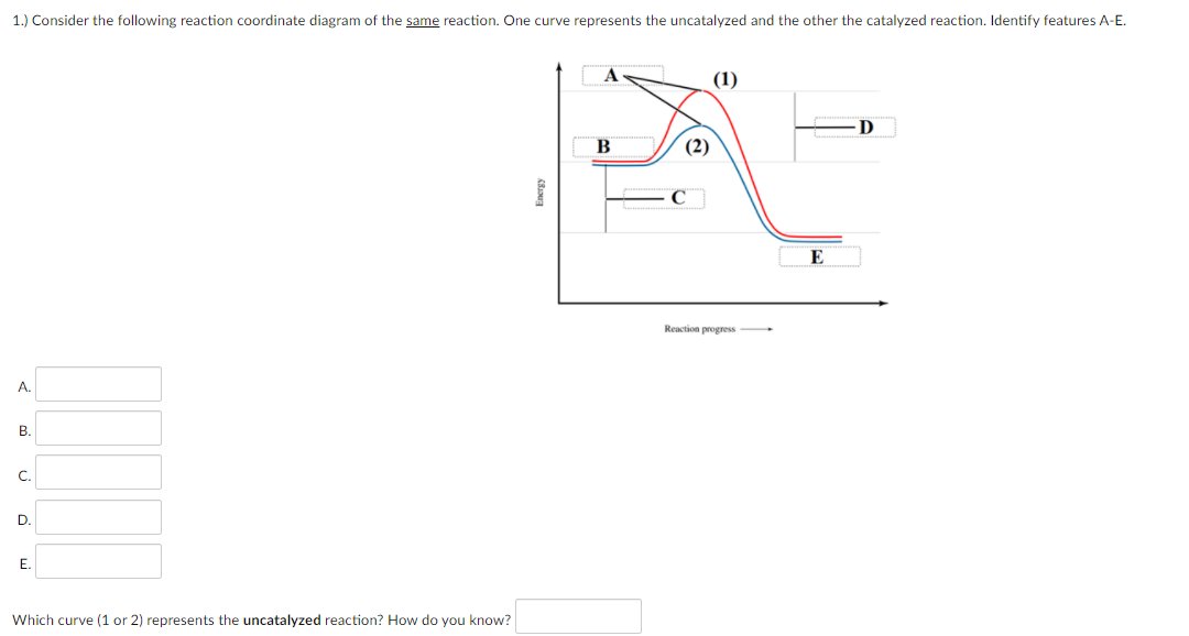 1.) Consider the following reaction coordinate diagram of the same reaction. One curve represents the uncatalyzed and the other the catalyzed reaction. Identify features A-E.
A
(1)
D
B
(2)
E
Reaction progress
A.
B.
C.
D.
E.
Which curve (1 or 2) represents the uncatalyzed reaction? How do you know?
