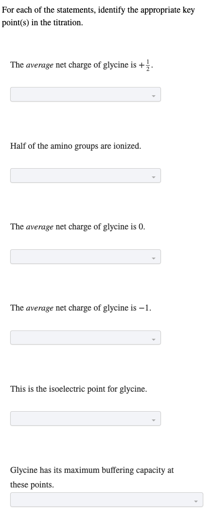 For each of the statements, identify the appropriate key
point(s) in the titration.
The average net charge of glycine is +1.
Half of the amino groups are ionized.
The average net charge of glycine is 0.
The average net charge of glycine is -1.
This is the isoelectric point for glycine.
Glycine has its maximum buffering capacity at
these points.