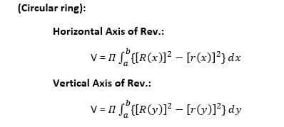 (Circular ring):
Horizontal Axis of Rev.:
v= n {[[R(x)]? – [r(x)]?} dx
Vertical Axis of Rev.:
V = 1 {[R(y)l° - [rl*} dy
II
