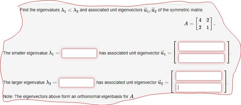 Find the eigenvalues A < A, and associated unit eigenvectors ū1, ūz of the symmetric matrix
4 2
A
The smaller eigenvalue A1
has associated unit eigenvector u
The larger eigenvalue A2 =
has associated unit eigenvector üz
Note: The eigenvectors above form an orthonormal eigenbasis for A.
