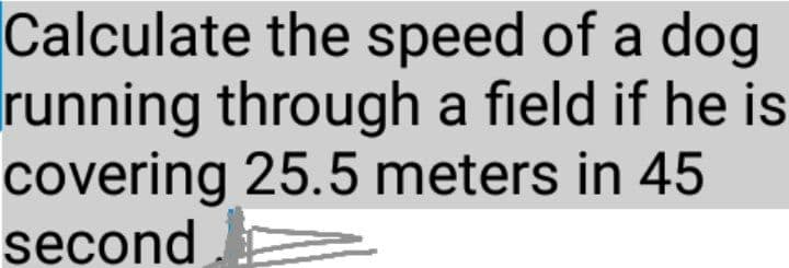 Calculate the speed of a dog
Irunning through a field if he is
covering 25.5 meters in 45
second
