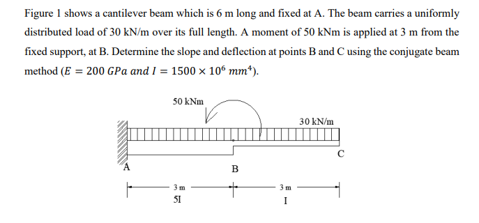 Figure 1 shows a cantilever beam which is 6 m long and fixed at A. The beam carries a uniformly
distributed load of 30 kN/m over its full length. A moment of 50 kNm is applied at 3 m from the
fixed support, at B. Determine the slope and deflection at points B and C using the conjugate beam
method (E = 200 GPa and I = 1500 × 106 mm*).
50 kNm
30 kN/m
B
3 m
3 m
51
I
