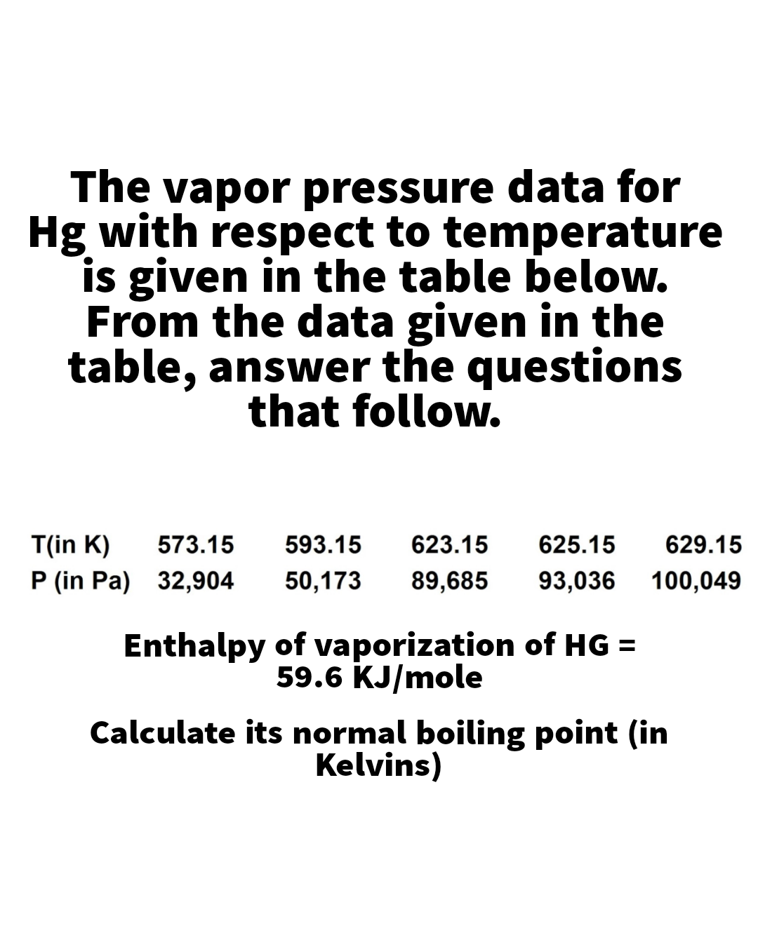 The vapor pressure data for
Hg with respect to temperature
is given in the table below.
From the data given in the
table, answer the questions
that follow.
T(in K)
P (in Pa) 32,904
573.15
593.15
623.15
625.15
629.15
50,173
89,685
93,036
100,049
Enthalpy of vaporization of HG =
59.6 KJ/mole
Calculate its normal boiling point (in
Kelvins)
