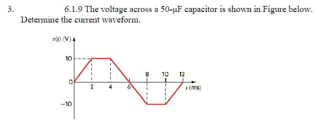 3.
6.1.9 The voltage across a 50-µF capacitor is shown in Figure below.
Determine the current waveform.
v(1) (V) 4
Fot
2
10
-10
DO
8
10
I
I
I
12
(ms)