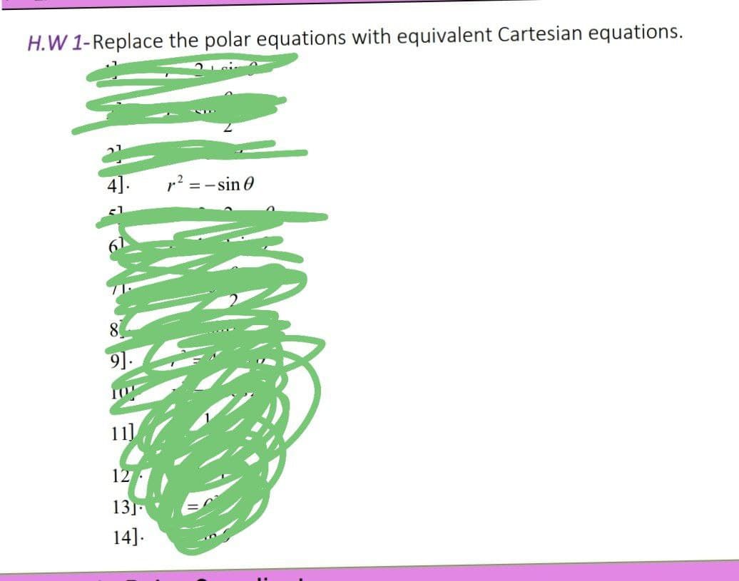 H.W 1-Replace the polar equations with equivalent Cartesian equations.
4].
r? = - sin 0
8
9].
10
11]
12
13]
14].
