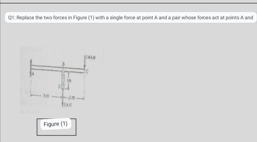 Q1: Replace the two forces in Figure (1) with a single force at point A and a pair whose forces act at points A and
$14KN
im
3m
Figure (1)
2M-4
12KN