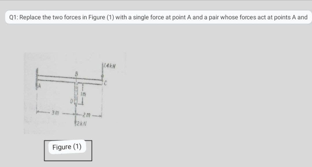 Q1: Replace the two forces in Figure (1) with a single force at point A and a pair whose forces act at points A and
1.4KN
im
3m
Figure (1)
2m
12KN