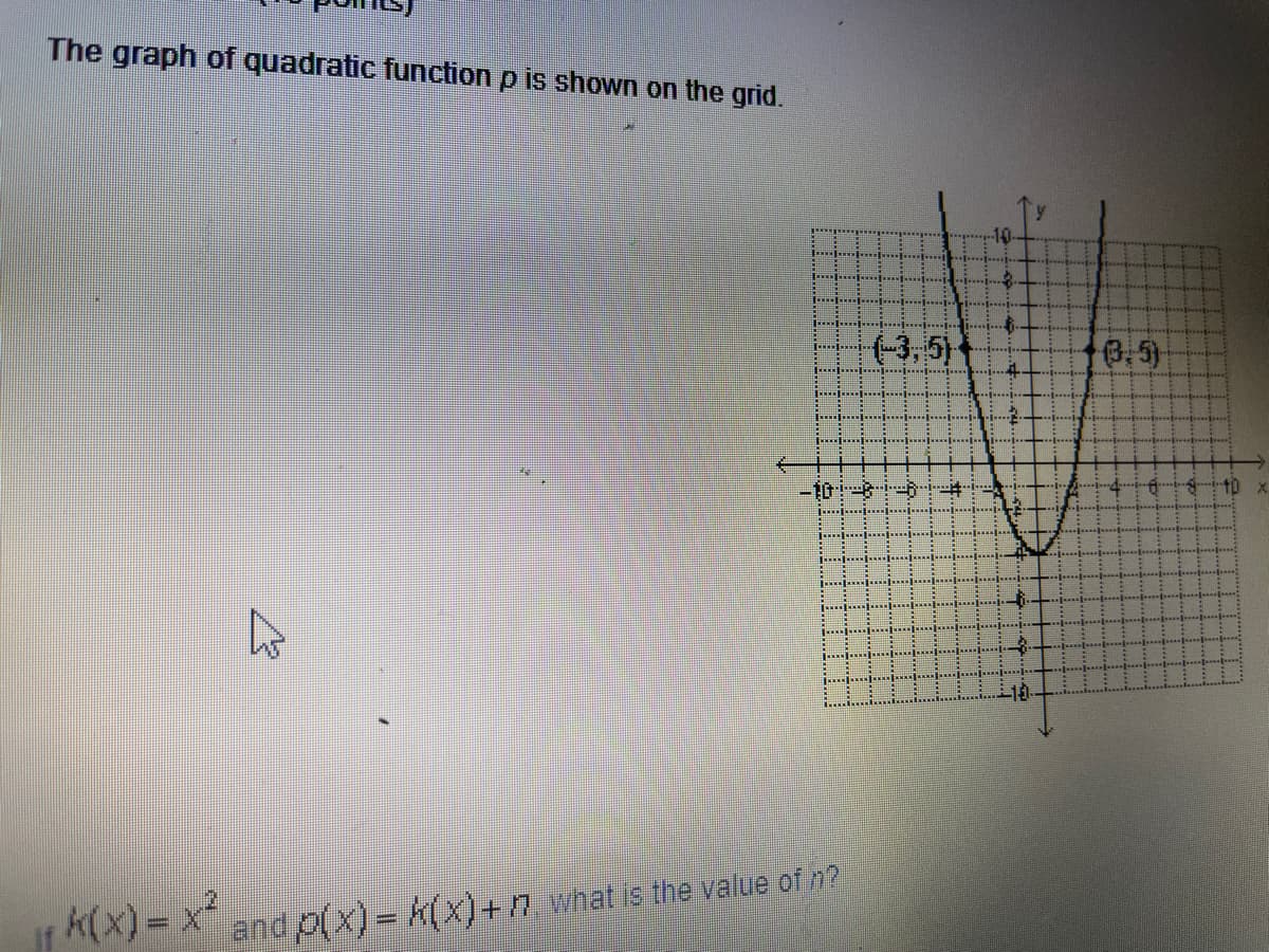 The graph of quadratic function p is shown on the grid.
-10-
+3,5)
10,5)
-10-8-6
tD x
-10
k(x) = x
and p(x)= k(x)+n what is the value of n?
%3D
