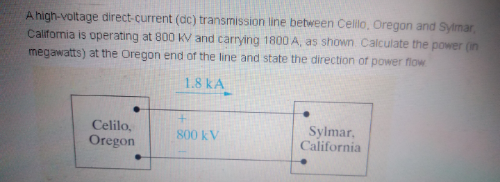 A high-voltage direct-current (dc) transmission line between Celilo, Oregon and Sylmar,
California is operating at 800 KV and carrying 1800 A, as shown. Calculate the power (in
megawatts) at the Oregon end of the line and state the direction of power flow
1.8 kA
Celilo,
Sylmar,
California
800 kV
Oregon
