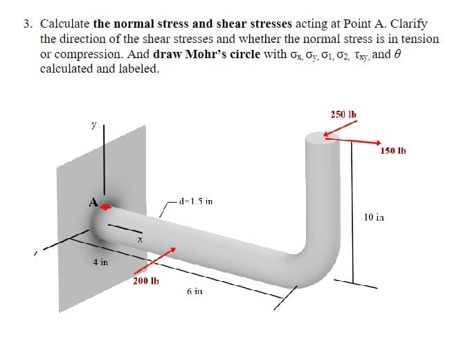 3. Calculate the normal stress and shear stresses acting at Point A. Clarify
the direction of the shear stresses and whether the normal stress is in tension
or compression. And draw Mohr's circle with Ox, Oy, 01, 02, Txy, and
calculated and labeled.
4 in
200 lb
d=1.5 in
6 in
250 lb
150 lb
10 in