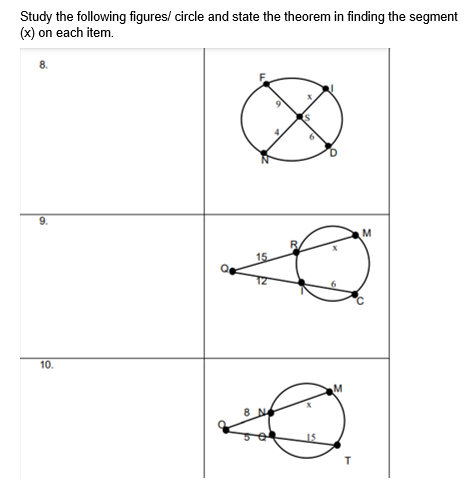 Study the following figures/ circle and state the theorem in finding the segment
(x) on each item.
9.
15
10.
8.
