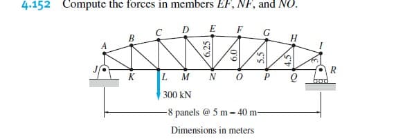 4.152 Compute the forces in members EF, NF, and NU.
D
E
F
G
B
H
A
5.
R
K
L M
300 kN
-8 panels @ 5 m = 40 m-
Dimensions in meters
