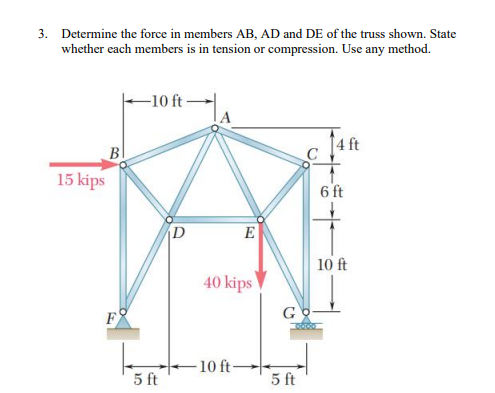 3. Determine the force in members AB, AD and DE of the truss shown. State
whether each members is in tension or compression. Use any method.
-10 ft-
14 ft
15 kips
D
B
5 ft
E
40 kips
10 ft-
G
5 ft
C
6 ft
10 ft