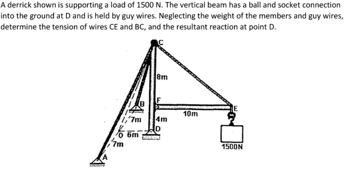 A derrick shown is supporting a load of 1500 N. The vertical beam has a ball and socket connection
into the ground at D and is held by guy wires. Neglecting the weight of the members and guy wires,
determine the tension of wires CE and BC, and the resultant reaction at point D.
8m
10m
1,7m
4m
6m
m
1500N
