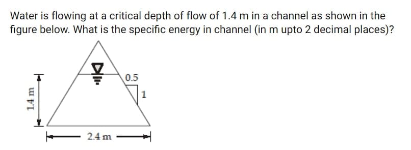 Water is flowing at a critical depth of flow of 1.4 m in a channel as shown in the
figure below. What is the specific energy in channel (in m upto 2 decimal places)?
0.5
1
- 2.4 m -
1.4 m
