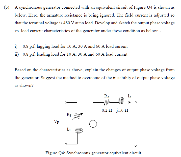 (b)
A synchronous generator connected with an equivalent circuit of Figure Q4 is shown as
below. Here, the armature resistance is being ignored. The field current is adjusted so
that the terminal voltage is 480 V at no load. Develop and sketch the output phase voltage
vs. load current characteristics of the generator under these condition as below: -
i) 0.8 p.f. lagging load for 10 A, 30 A and 60 A load current
ii) 0.8 p.f. leading load for 10 A, 30 A and 60 A load current
Based on the characteristies as above, explain the changes of output phase voltage from
the generator. Suggest the method to overcome of the instability of output phase voltage
as shown?
RA
IA
0.2 2 j1.0 2
RF
VF
LF
Figure Q4: Synchronous generator equivalent circuit
