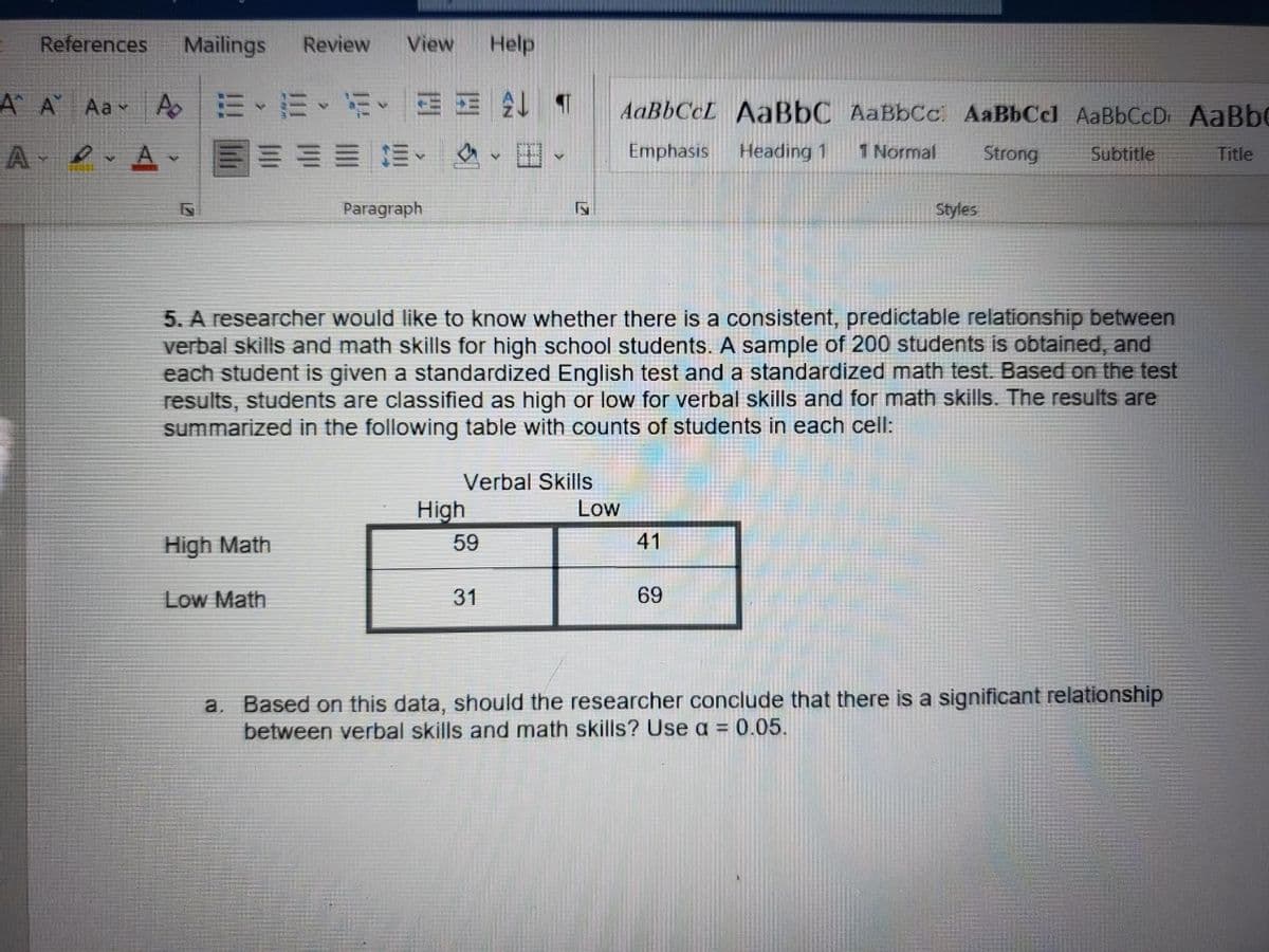 References
Mailings
Review
View
Help
A A Aav A
AaBbCcL AaBbC AaBbCcl AaBbCcl AaBbCcD AaBbc
A Av
田
Emphasis
Heading 1
1 Normal
Strong
Subtitle
Title
Paragraph
Styles
5. A researcher would like to know whether there is a consistent, predictable relationship between
verbal skills and math skills for high school students. A sample of 200 students is obtained, and
each student is given a standardized English test and a standardized math test. Based on the test
results, students are classified as high or low for verbal skills and for math skills. The results are
summarized in the following table with counts of students in each cell:
Verbal Skills
Low
High
High Math
59
41
Low Math
31
69
a. Based on this data, should the researcher conclude that there is a significant relationship
between verbal skills and math skills? Use a = 0.05.
